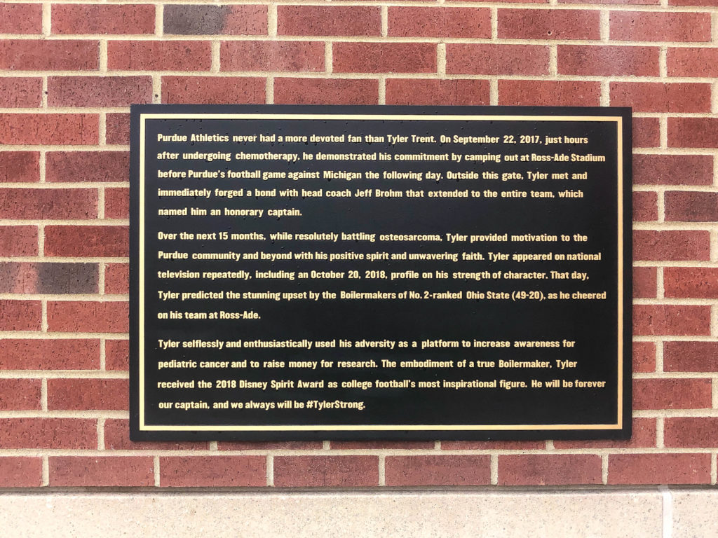 Tyler Trent's story engraved on a plaque.