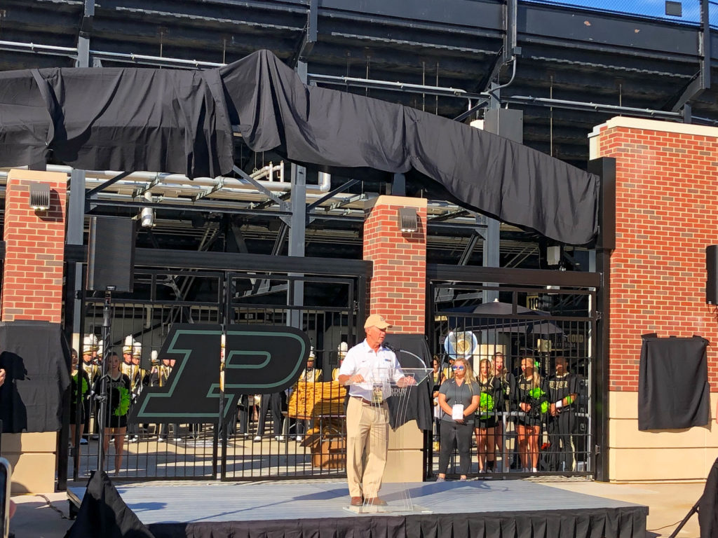 Purdue President Mitch Daniels speaks at the Tyler Trent Student Gate dedication ceremony on September 7.